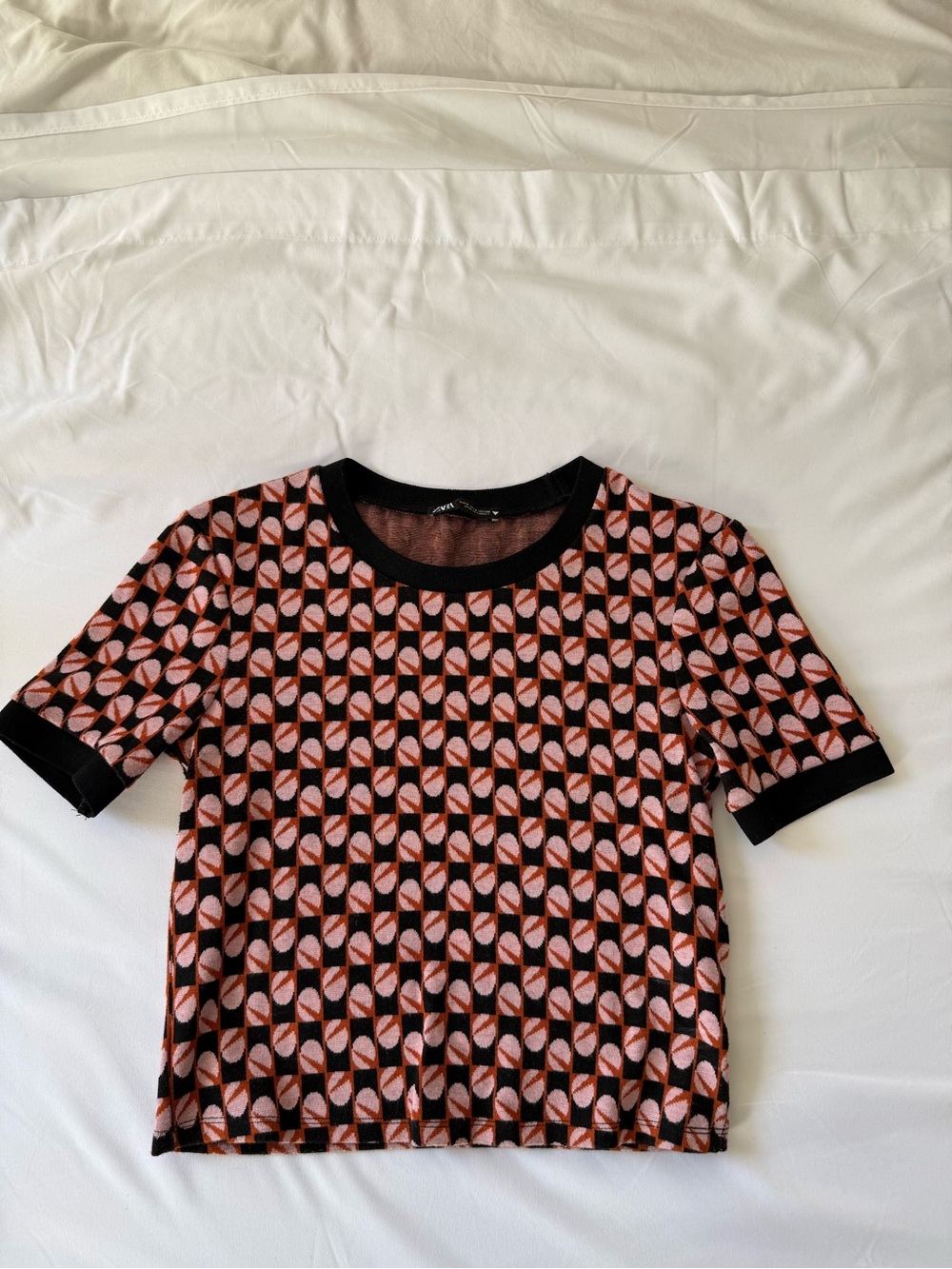 Zara- Geometric Pattern Short Sleeve Knit Top- Women- Size Small